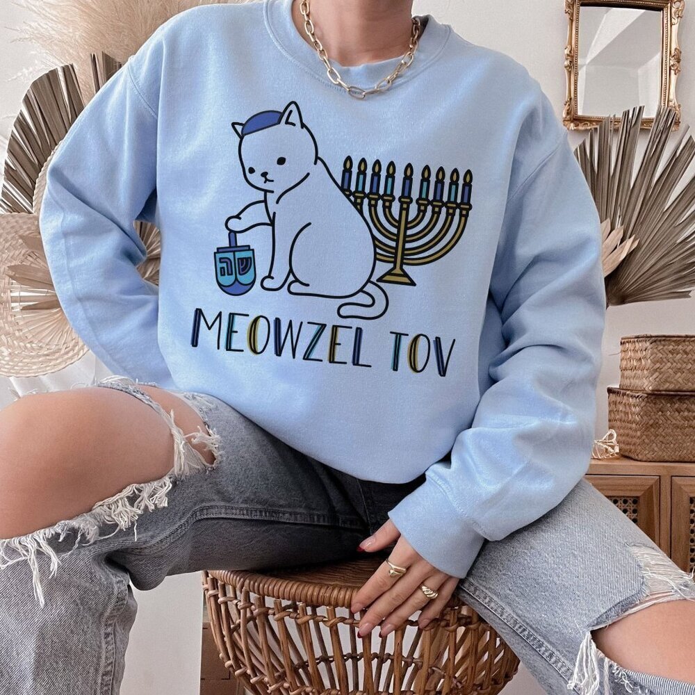 Meowzel Tov Crewneck Hanukkah Sweatshirt white cat 26851